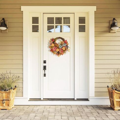 Fall Wreaths for Front Door - 20" Artificial Autumn Wreath with Lights, Mesh Ribbon Pumpkin Dahlia Maple Leaves Berries for Home Porch Wall Window Halloween Thanksgiving Indoor Outdoor Decor in Saudi Arabia
