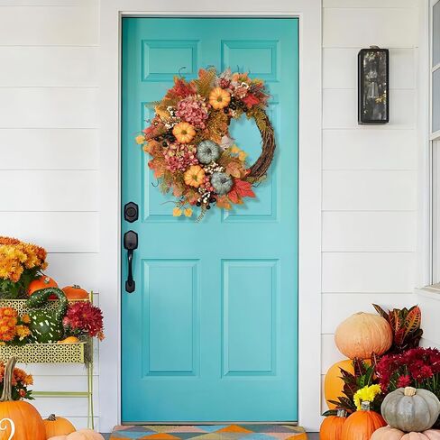 Fall Wreaths for Front Door - 20" Artificial Autumn Wreath with Lights, Mesh Ribbon Pumpkin Dahlia Maple Leaves Berries for Home Porch Wall Window Halloween Thanksgiving Indoor Outdoor Decor in Saudi Arabia