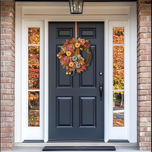 Fall Wreaths for Front Door - 20" Artificial Autumn Wreath with Lights, Mesh Ribbon Pumpkin Dahlia Maple Leaves Berries for Home Porch Wall Window Halloween Thanksgiving Indoor Outdoor Decor in Saudi Arabia