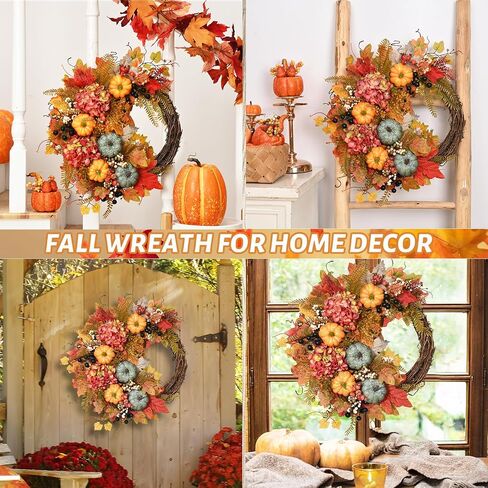Fall Wreaths for Front Door - 20" Artificial Autumn Wreath with Lights, Mesh Ribbon Pumpkin Dahlia Maple Leaves Berries for Home Porch Wall Window Halloween Thanksgiving Indoor Outdoor Decor in Saudi Arabia