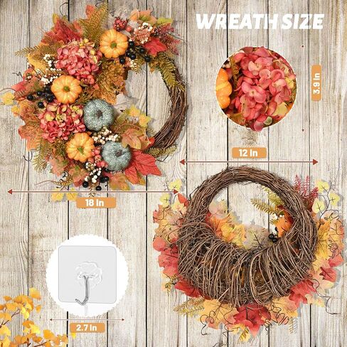 Fall Wreaths for Front Door - 20" Artificial Autumn Wreath with Lights, Mesh Ribbon Pumpkin Dahlia Maple Leaves Berries for Home Porch Wall Window Halloween Thanksgiving Indoor Outdoor Decor in Saudi Arabia