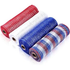 4 Rolls Mesh Ribbon, Metallic Foil Mesh Ribbon Metallic Mesh Ribbon for Door Wreath DIY Crafts Making Supplies (Green, Orange, Gold,6 Inch)
