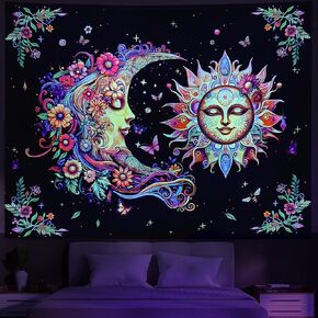 Huzuya Blacklight Universe Space Tapestry UFO Astronaut Tapestry UV Reactive Galaxy Starry Sky Tapestry Mysterious Planet Mountain Tapestry Neon Plants Wall Hanging for Room Dorm