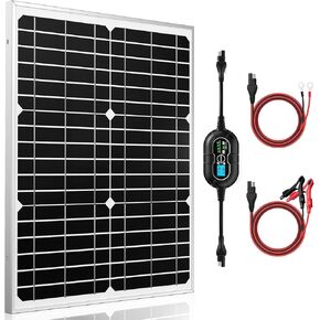 مجموعات الألواح الشمسية SUNER POWER 20 وات أحادية البلورية 12 فولت - لوحة شمسية مقاومة للماء 20 وات + وحدة تحكم شحن بالطاقة الشمسية 10 أمبير مطورة + 3 محولات كابل SAE للسيارة RV Marine Boat Trailer خارج الشبكة