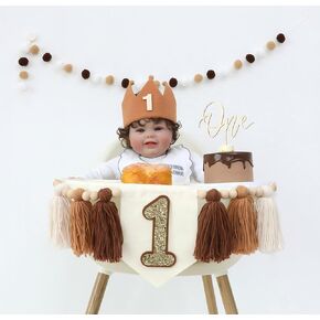 Baby 1st Birthday Party Decorations For Handmade Tassel Garland Highchair Banner With One Cake Topper Blue Crown Hat