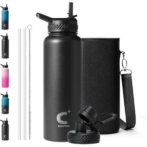 Coolplus Half Gallon Water Bottle Insulated, 64 oz Stainless Steel Water Jug With Straw Metal Double-Walled Vacuum Large Flask With Carry Sleeve Leakproof, Keep Cold 48 Hrs Hot 24hrs, Black