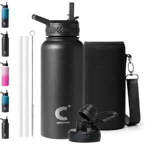 Coolplus Half Gallon Water Bottle Insulated, 64 oz Stainless Steel Water Jug With Straw Metal Double-Walled Vacuum Large Flask With Carry Sleeve Leakproof, Keep Cold 48 Hrs Hot 24hrs, Black