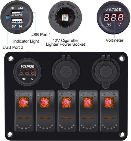 Waterproof 6 Gang boat Switch Panel with Dual 3.1AUSB 12V/24V Digital Voltmeter Cigarette Lighter Base Marine Switch Panel for RV Boat in Saudi Arabia