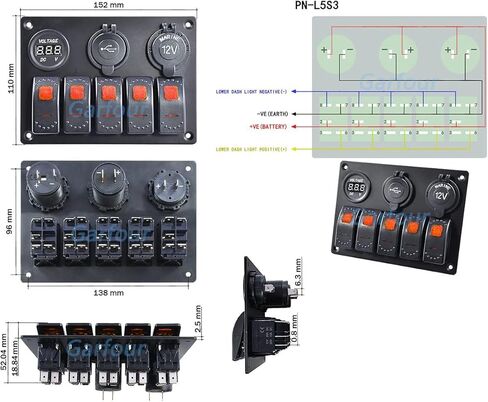 Waterproof 6 Gang boat Switch Panel with Dual 3.1AUSB 12V/24V Digital Voltmeter Cigarette Lighter Base Marine Switch Panel for RV Boat in Saudi Arabia