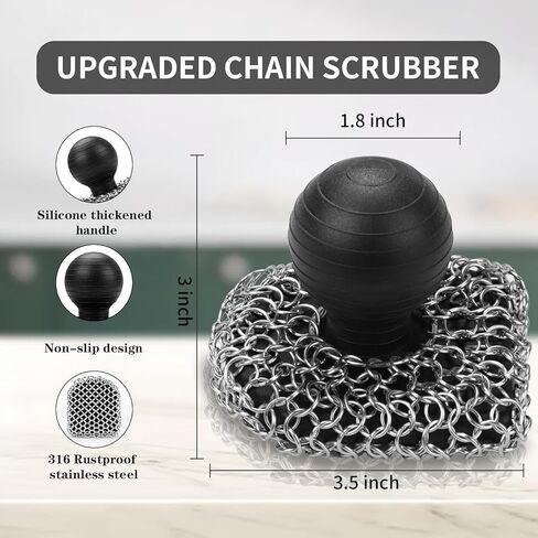 جهاز غسيل من الحديد الزهر بمقبض | جهاز غسيل الأطباق المعدنية | 316 منظف الحديد الزهر، منظف سلسلة البريد لمقلاة الحديد الزهر - فرشاة تنظيف الحديد، مجموعة تنظيف الصوف الفولاذي (1 فرك + 1 مكشطة) in Kuwait