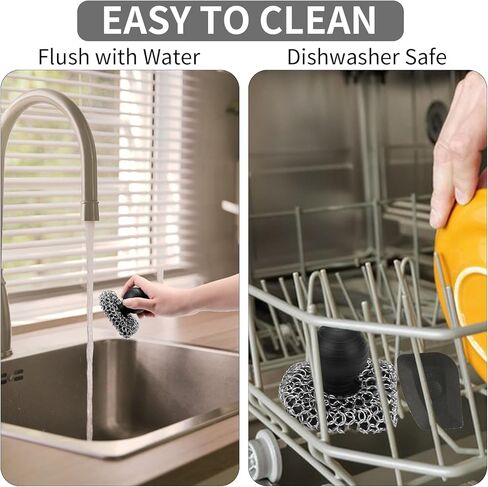 جهاز غسيل من الحديد الزهر بمقبض | جهاز غسيل الأطباق المعدنية | 316 منظف الحديد الزهر، منظف سلسلة البريد لمقلاة الحديد الزهر - فرشاة تنظيف الحديد، مجموعة تنظيف الصوف الفولاذي (1 فرك + 1 مكشطة) in Kuwait