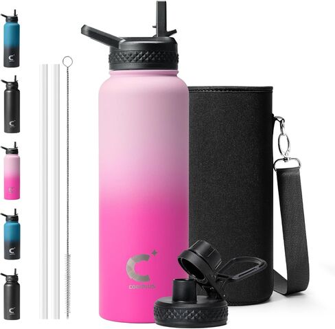 زجاجة مياه معزولة سعة 64 أونصة، إبريق ماء معزول من Coolplus نصف جالون مع قش من الفولاذ المقاوم للصدأ بجدار مزدوج، قارورة معدنية كبيرة خالية من مادة BPA، مقاومة للتسرب، تحافظ على البرودة 48 ساعة ساخنة 24 ساعة، أزرق أسود in Kuwait