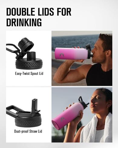 زجاجة مياه معزولة سعة 64 أونصة، إبريق ماء معزول من Coolplus نصف جالون مع قش من الفولاذ المقاوم للصدأ بجدار مزدوج، قارورة معدنية كبيرة خالية من مادة BPA، مقاومة للتسرب، تحافظ على البرودة 48 ساعة ساخنة 24 ساعة، أزرق أسود in Kuwait