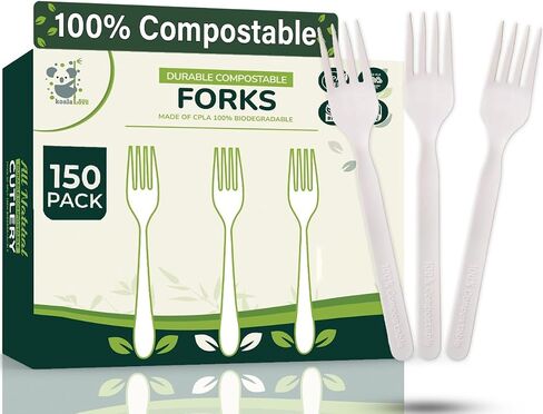 KOALALOVE-150pc 100% Compostable Forks - 150 Large Disposable Utensils. Koala Love, durable and heat resistant alternative to plastic forks with convenient tray in Saudi Arabia