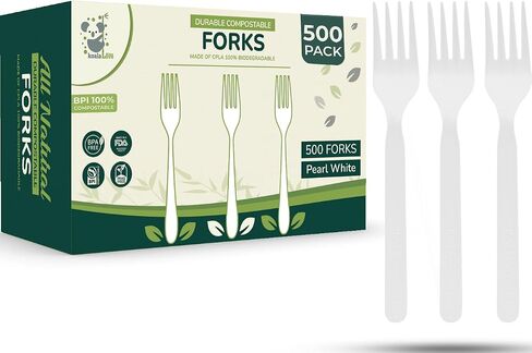 KOALALOVE-150pc 100% Compostable Forks - 150 Large Disposable Utensils. Koala Love, durable and heat resistant alternative to plastic forks with convenient tray in Saudi Arabia