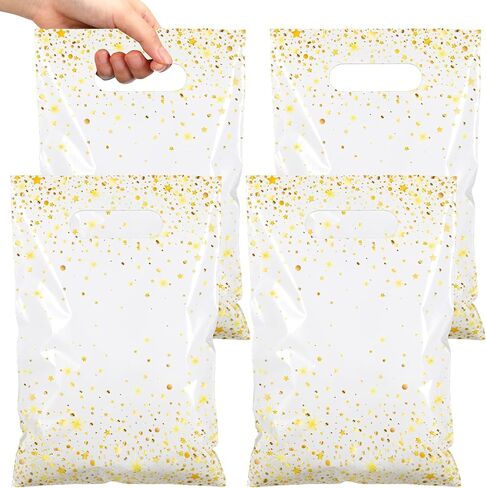 Pasimy 50 Pack Black and Gold Favor Bags Black Gold Party Gift Bags Die Cut Plastic Treat Goodie Merchandise with Handle for Birthday Party Wedding Bridal Baby Shower Christmas New Year Gift Supplies in Saudi Arabia