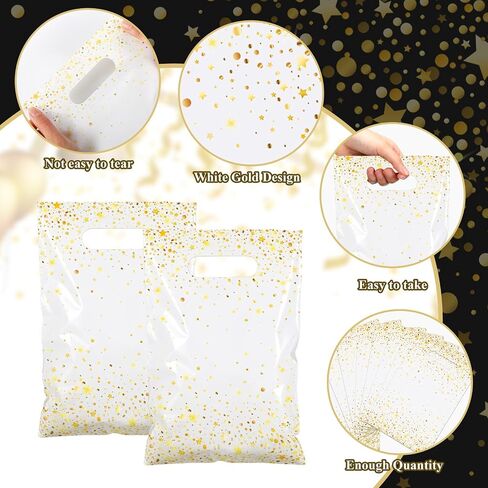 Pasimy 50 Pack Black and Gold Favor Bags Black Gold Party Gift Bags Die Cut Plastic Treat Goodie Merchandise with Handle for Birthday Party Wedding Bridal Baby Shower Christmas New Year Gift Supplies in Saudi Arabia