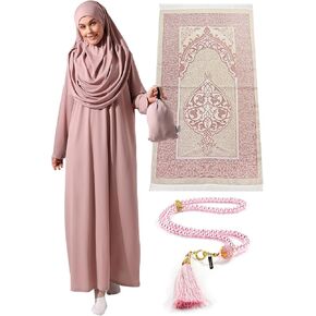 Muslim Dresses for Women, One-Piece Long Sleeve Islamic Prayer Dress & Prayer Rug & Beads, Islamic Set
