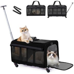 Cat Carrier,Amai Keto Cat Carrier Soft Side with Wheels for Dog & 2 Cats,Foldable Pet Travel Carrier for Medium Cats Under 25,Large,Black,24.4 x 16.5 x 15 inches
