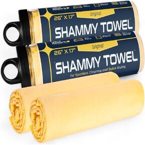 UltraAbsorb+ Premium Drying Shammy Towel for Cars, Boats, Home - 2 Shamy Value Pack + Storage Tubes - Lint Free, Scratch Free, Washable PVA Car Chamois Cloth - 26" x 17" - Natural/Yellow