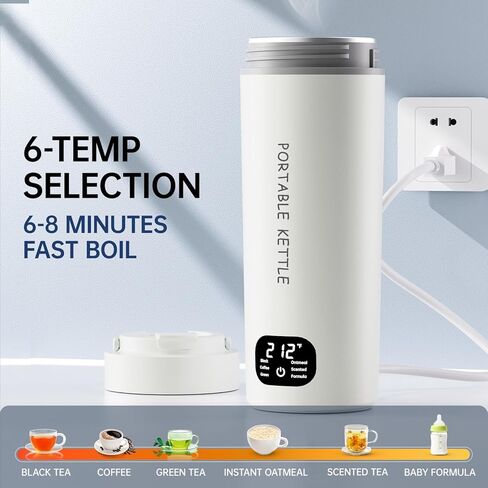 غلاية كهربائية محمولة ذات جهد مزدوج، ماء ساخن للسفر للشاي والقهوة، 6 أدوات تحكم في درجة الحرارة وشاشة LCD، 316 من الفولاذ المقاوم للصدأ و450 مل، إيقاف تلقائي وحماية من الغليان الجاف in Kuwait