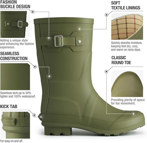 HISEA Women's Mid Calf Rubber Rain Boots Waterproof Wellington Garden Boots in Kuwait