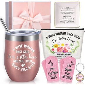 Cunhill 6 Pcs Retirement Gifts for Women, Retirement Presents for Coworker 2024 Wine Tumbler Present Set Humorous Socks Female Wine Glasses Keychain for Teachers Mom Nurses(Rose Gold)