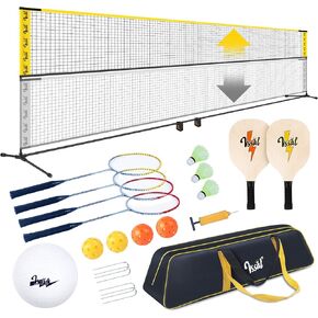 VSSAL 20FT Portable All-in-One Badminton Pickleball Kids Volleyball Net Sets Adjustable Height Up to 7FT, Freestanding Rackets Combo Set for Backyards Beach Driveway in Kuwait