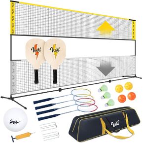 VSSAL 17ft Portable Badminton Pickleball Kids Volleyball Combo Sets with Net for Backyards, Adjustable Height (7ft Max), Freestanding Rackets Set Outdoor Driveway