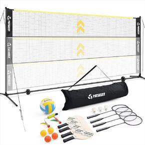 5.1ft-7.4ft Adjustable Height Volleyball Badminton Pickleball Net Set 17ft Sports Net with Poles, 4 Badminton Rackets, 3 Shuttlecocks, 4 Pickleball Paddles and Volleyball
