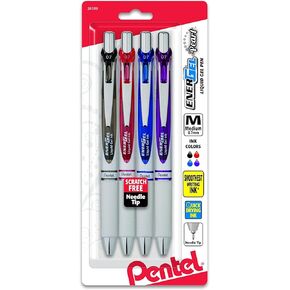 Pentel EnerGel Pearl RTX Retractable Liquid Gel Pen, (0.7mm), Medium Line, Needle Tip, Assorted Ink Colors, Pack of 4 (BLN77WBP4M)