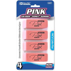 BAZIC Pink Eraser, Latex Free Bevel Erasers, Large Size Block Erasers for Art Drawing School Office Kids Teachers (4/Pack), 1-Pack