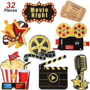 Fumete 32 Pieces Movie Night Party Cutouts Movie Party Decorations Kit Double Sided Printing Golden Black Paper Cards Red Carpet Clapboard Movie Tickets Film Reel Decor for Movie Night Party Supplies