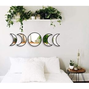 5 Pieces Moon Phase Mirror Set, Crescent Moon Mirror Wall Decor Bedroom, Bohemian Natural Scandinavian Home Decor, Decorative Mirror, Moon Phase Wall Decor(Black)
