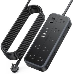 Flat Plug Extension Cord 10 Ft, NTONPOWER 6 Widely Spaced Outlet(2 Side) Power Strip with 4 USB Ports, Overload Protection, Wall Mount Charging Station for Home Office, Nightstand and dorm room, Black