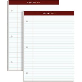 TOPS Docket Gold Writing Pads, 8-1/2" x 11-3/4", Narrow Rule, 3-Hole Punched, White Paper, 100 Sheets, 2 Pack (99706)