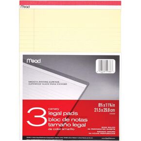 Mead Legal Pad Writing Pads, 3 Pack, Wide Ruled Paper, 8-1/2" x 11-3/4", 50 Sheets, Great for Use as Home Office Supplies, Memo Pads, Note Pads, or Steno Pads, Letter Writing, Canary Yellow (59386)
