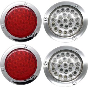 Red/White/Amber 4" Round LED Trailer Tail Light 24 LED Chrome Bezels Stop Turn Tail Brake Signal/Reverse Backup/Marker Lights Trucks Trailer RV Camper Dump Truck Waterproof (Amber, 2)