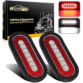 Partsam 2Pcs 6.3" inch Oval Truck Trailer Led Tail Stop Brake Lights Taillights Running Red and White Backup Reverse Lights, Sealed 6.3 inch Oval led Trailer Tail Lights w reflectors Flush Mount