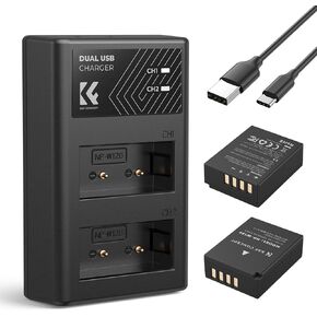 K&F Concept 1300mAh NP-W126 NP-W126S Battery and Charger for Fujifilm XS10, XT30, XT20, XE4, X100V, A5, Dual-Slot Fater Charger, Type-C and Micro-USB Input, 2 Pack Battery