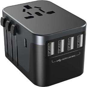 Universal Travel Adapter, Ortiny International Plug Adapter 4 USB A 1 USB C Ports, European Travel Power Adapto All-in-one Travel Charger Outlet Converter for Europe UK AUS Japan Covers 200+Countries in Saudi Arabia