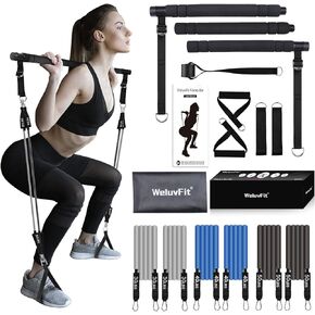 Pilates Bar Kit with Resistance Bands, WeluvFit Fitness Equipment for Women & Men, Gym Home Workouts Stainless Steel Stick Squat Yoga Pilates Flexbands Kit