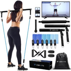 Pilates Bar Kit with 6 Resistance Bands for Working Out - Portable Pilates Bar Stick at Home Workout Equipment - Full Body Workout Machine for Toning - Multifunctional Yoga Bar with Adjustment Buckle