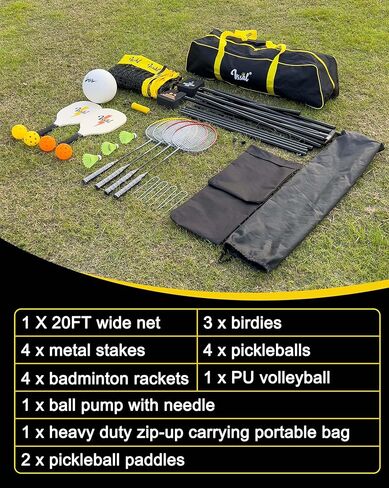 vssal 20ft المحمولة الكل في واحد كرة الريشة بيكلبول للأطفال الكرة الطائرة صافي مجموعات ارتفاع قابل للتعديل يصل إلى 7ft، مجموعة مضارب قائمة بذاتها التحرير والسرد للساحات الخلفية الشاطئ درب in Kuwait