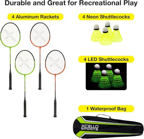 مجموعة مضارب كرة الريشة - 4 مضارب، 8 كرات الريشة (4 أصفر نيون و4 LED)، حقيبة حمل in Kuwait