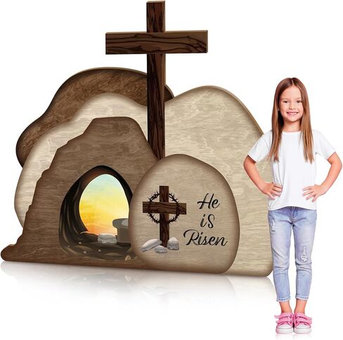 Easter Resurrection Scene Cardboard Set 39.4 x 25.6 in He is Risen Empty Tomb Cardboard with Crosses on Top of Rock Signs Religious Resurrection Props for Easter Jesus Christian Sunday Decor in Saudi Arabia