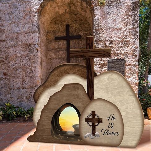 Easter Resurrection Scene Cardboard Set 39.4 x 25.6 in He is Risen Empty Tomb Cardboard with Crosses on Top of Rock Signs Religious Resurrection Props for Easter Jesus Christian Sunday Decor in Saudi Arabia