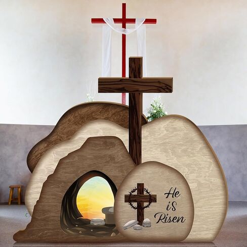 Easter Resurrection Scene Cardboard Set 39.4 x 25.6 in He is Risen Empty Tomb Cardboard with Crosses on Top of Rock Signs Religious Resurrection Props for Easter Jesus Christian Sunday Decor in Saudi Arabia