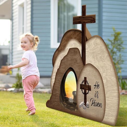Easter Resurrection Scene Cardboard Set 39.4 x 25.6 in He is Risen Empty Tomb Cardboard with Crosses on Top of Rock Signs Religious Resurrection Props for Easter Jesus Christian Sunday Decor in Saudi Arabia