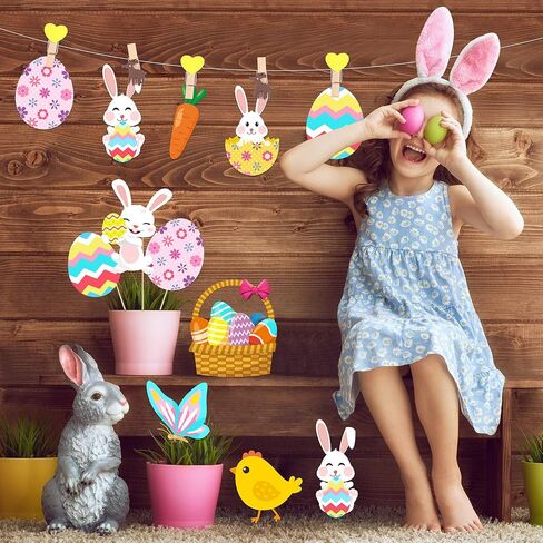 30 Pieces Happy Easter Paper Cutouts Bunny Eggs Carrot Basket Chicken Butterfly Cutouts Animals Theme Party Signs Paper Cutouts for Easter Party Decorations, 10 Designs in Saudi Arabia